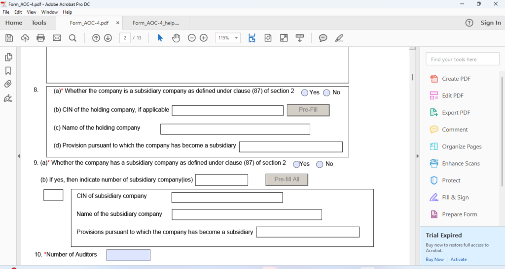 Subsidiary and Holding Company Details in AOC-4