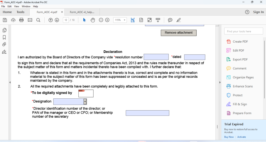 DECLARATION PART OF THE ANNUAL FILING FORM